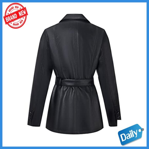 Faux Leather Blazer Jacket with Removable Belt, Long Sleeve, Regular Fit - Picture 4 of 7